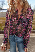 Printed Notched Long Sleeve Blouse - CELIVINE