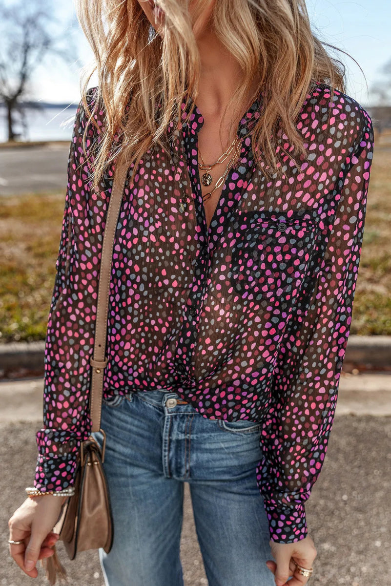 Printed Notched Long Sleeve Blouse - CELIVINE