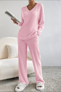 Ribbed V - Neck Top and Pants Lounge Set - CELIVINE