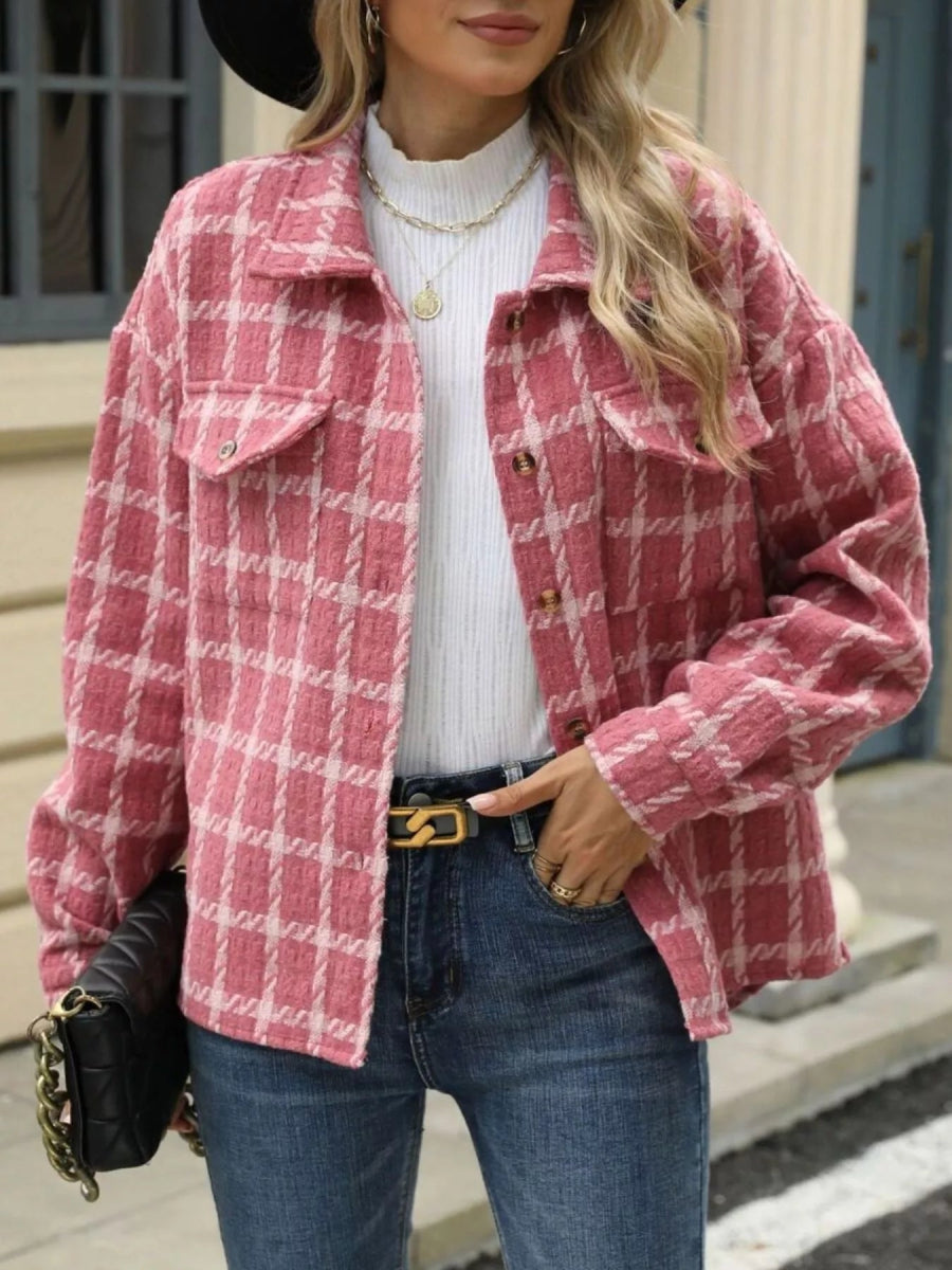Plaid Button Up Long Sleeve Jacket - CELIVINE