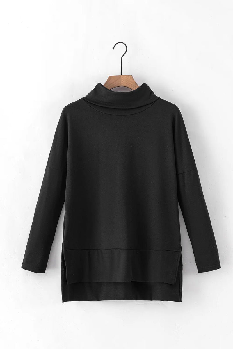 Side Slit High - Low Cowl Neck Long Sleeve Blouse - CELIVINE