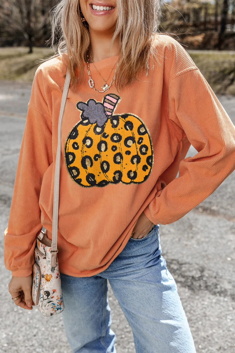 Pumpkin Round Neck Long Sleeve Sweatshirt - CELIVINE