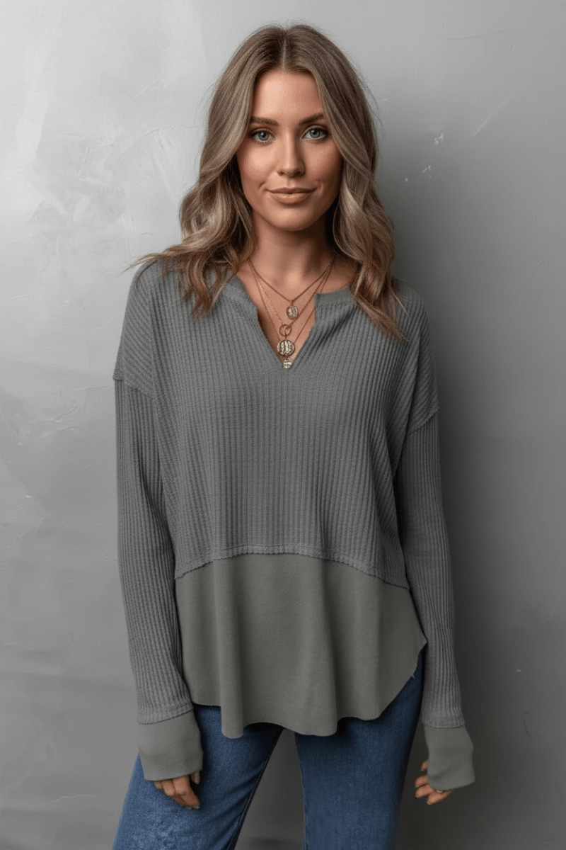 Waffle - Knit Exposed Seam Notched Long Sleeve Top - CELIVINE