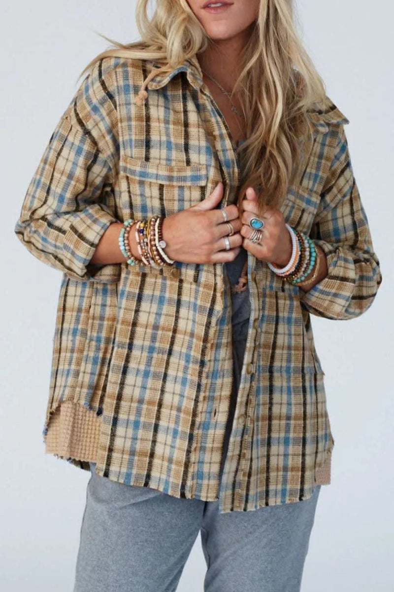 Drawstring Waffle Knit Patchwork Hooded Plaid Shacket - CELIVINE