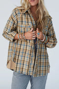 Drawstring Waffle Knit Patchwork Hooded Plaid Shacket - CELIVINE