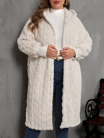 Plus Size Open Front Hooded Plush Coat - CELIVINE