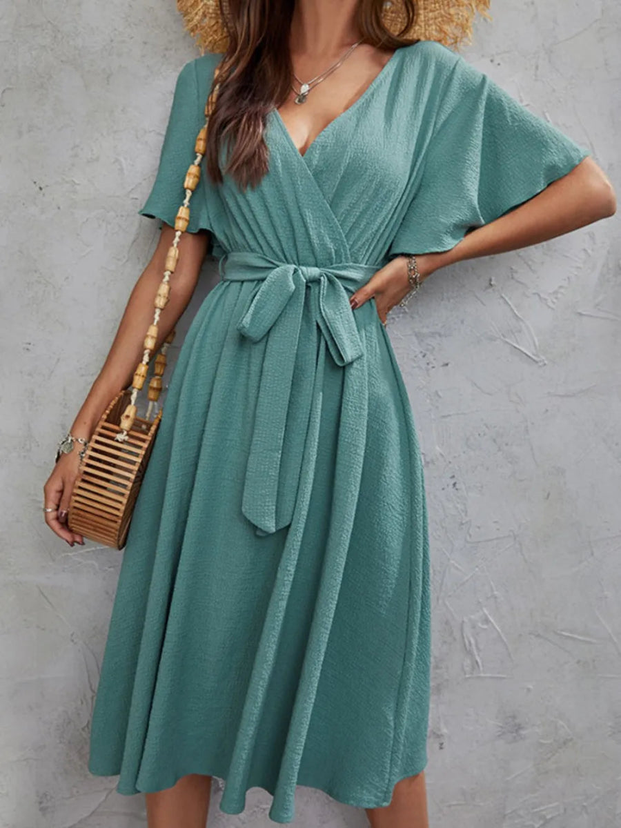 Surplice Flutter Sleeve Midi Dress - CELIVINE
