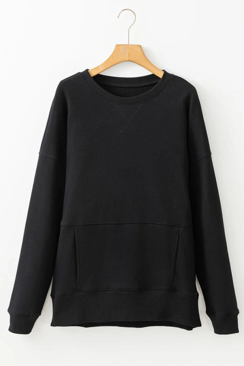 Solid Color Round Neck Long Sleeve Sweatshirt - CELIVINE