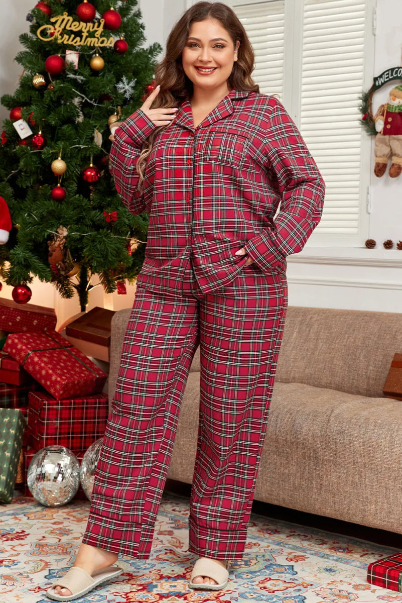 Plus Size Plaid Collared Neck Top and Pants Lounge Set - CELIVINE