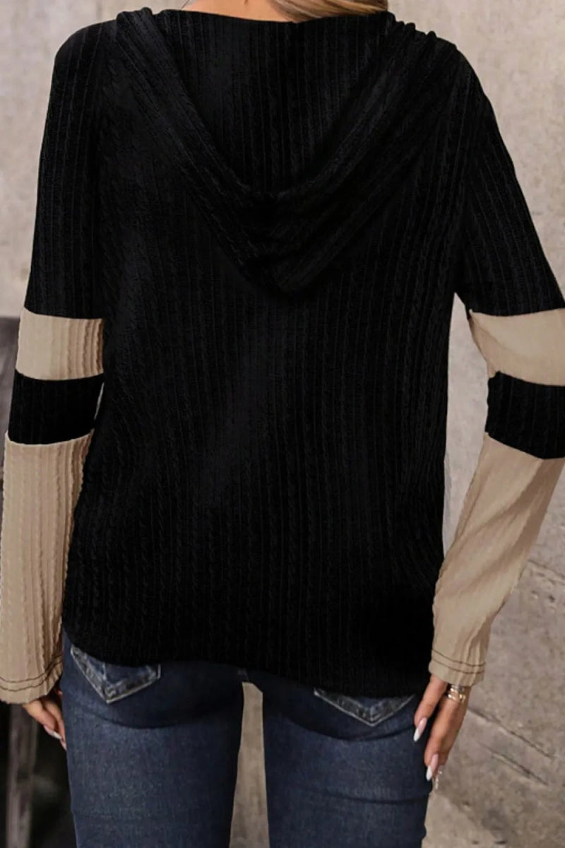 Drawstring Quarter Zip Contrast Long Sleeve Hoodie - CELIVINE