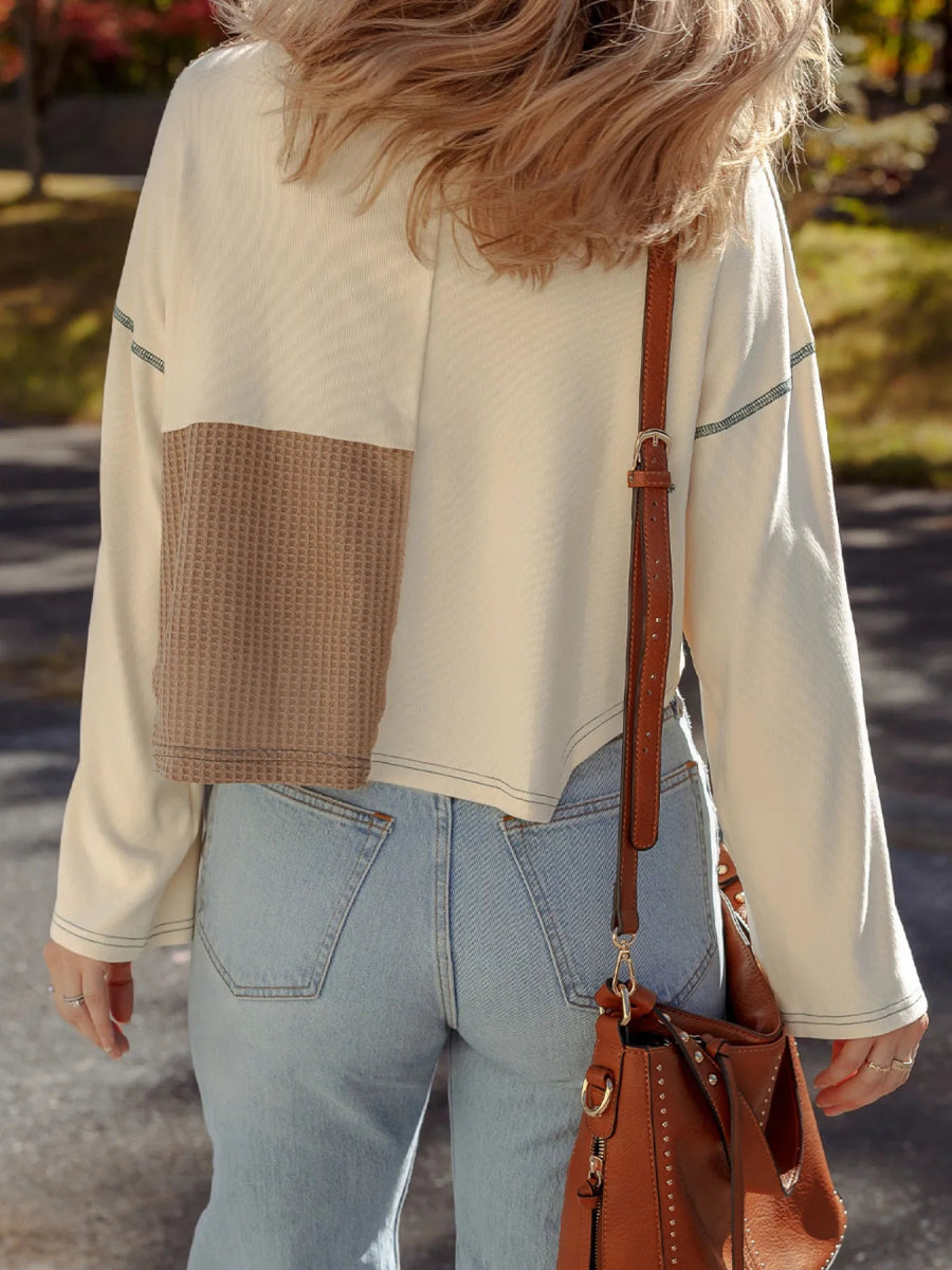 Color Block Waffle Knit Stitch Detail Long Sleeve Top - CELIVINE