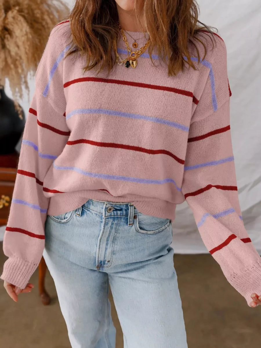 Striped Round Neck Drop Shoulder Sweater - CELIVINE