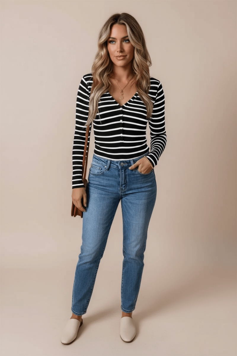 Striped V - Neck Long Sleeve Top - CELIVINE