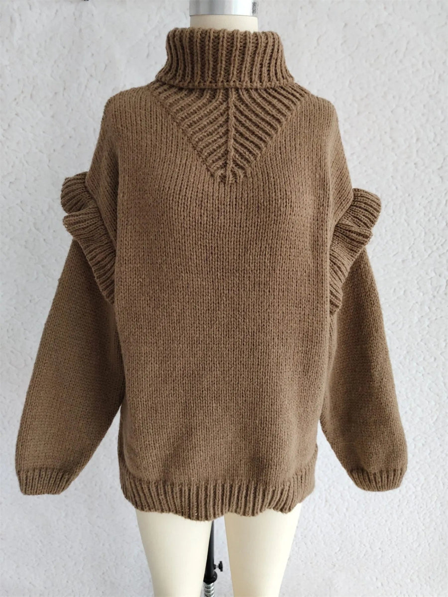 Ruffled Turtleneck Long Sleeve Sweater - CELIVINE