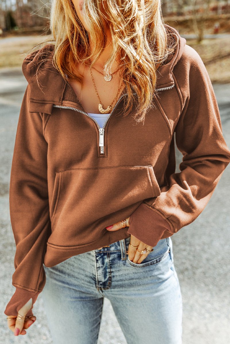 Half - Zip Thumbhole Sleeve Hoodie - CELIVINE