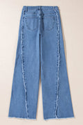 Raw Hem Wide Leg Jeans with Pockets - CELIVINE