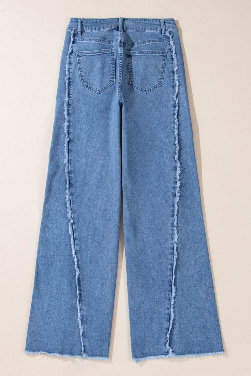Raw Hem Wide Leg Jeans with Pockets - CELIVINE