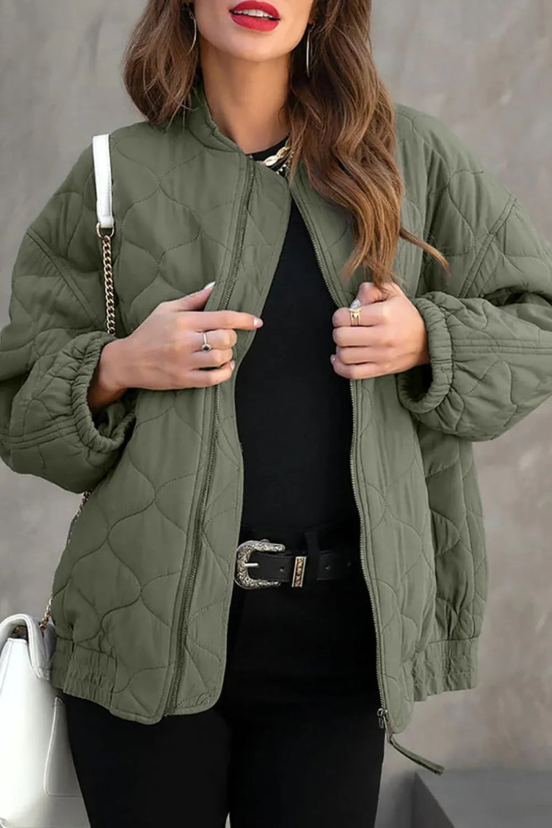Zip Up Drop Shoulder Long Sleeve Puffer Jacket - CELIVINE