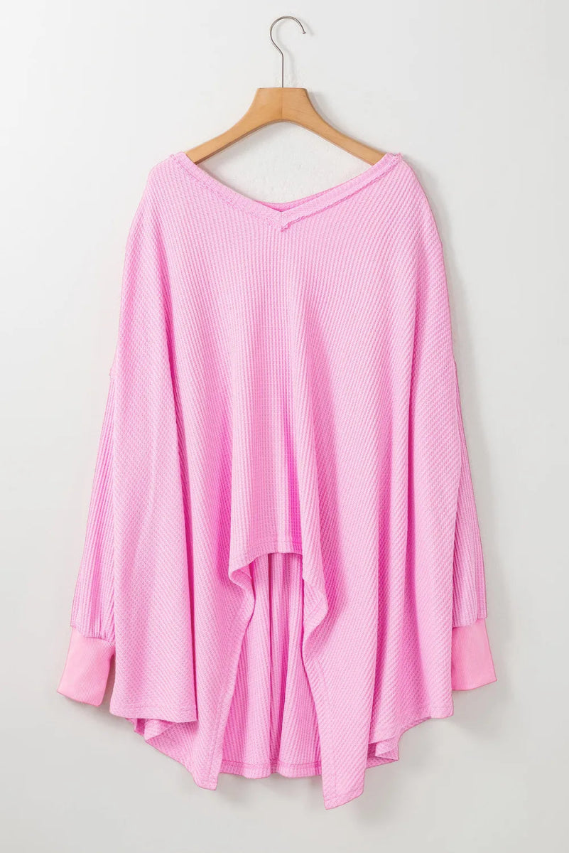 Waffle - Knit V - Neck Long Sleeve Blouse - CELIVINE