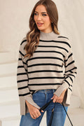 Striped Slit Drop Shoulder Sweater - CELIVINE