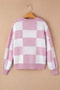 Checkered Exposed Seam Drooped Shoulder Sweater - CELIVINE