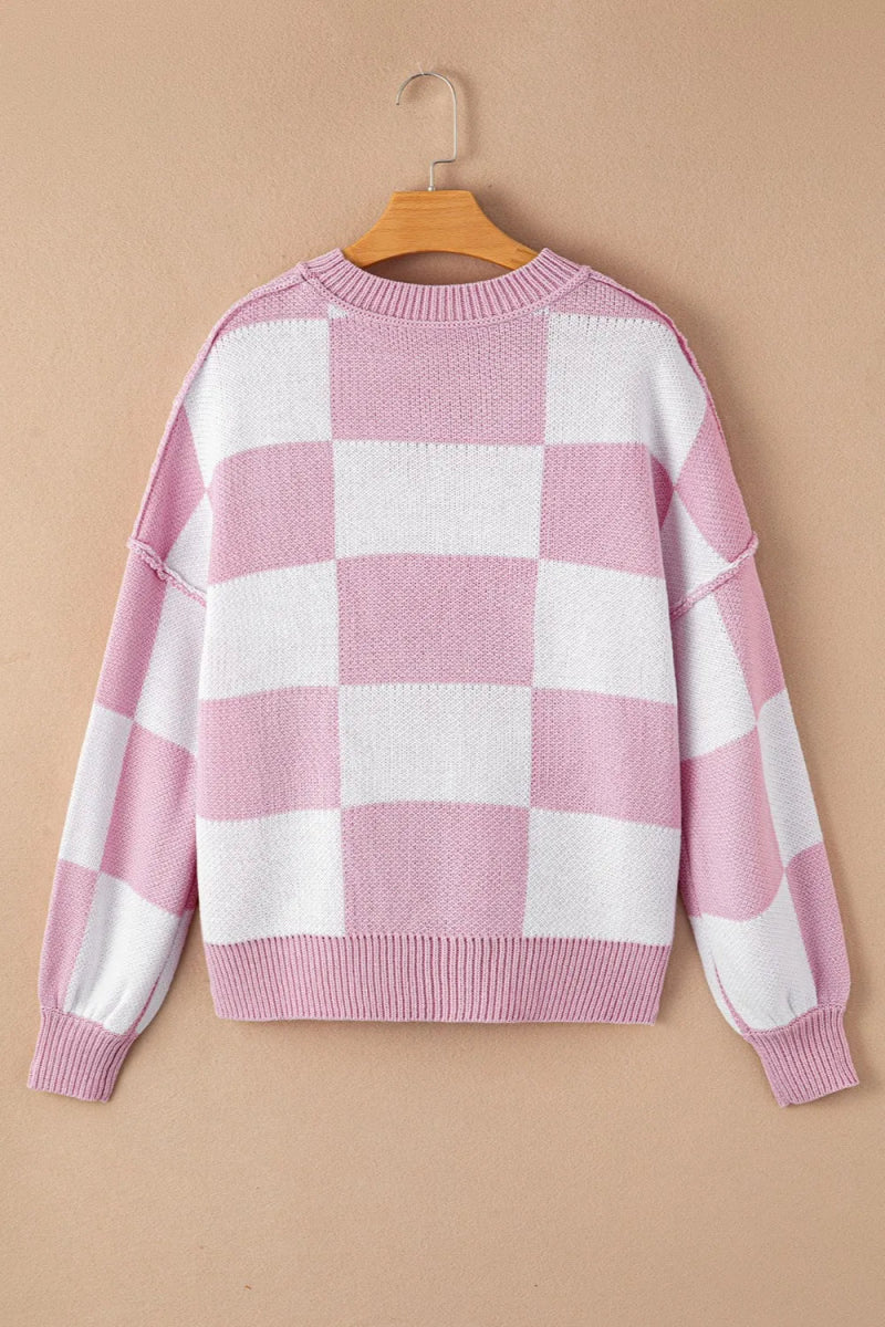 Checkered Exposed Seam Drooped Shoulder Sweater - CELIVINE