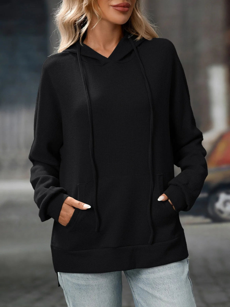 Textured Drawstring Long Sleeve Hoodie - CELIVINE