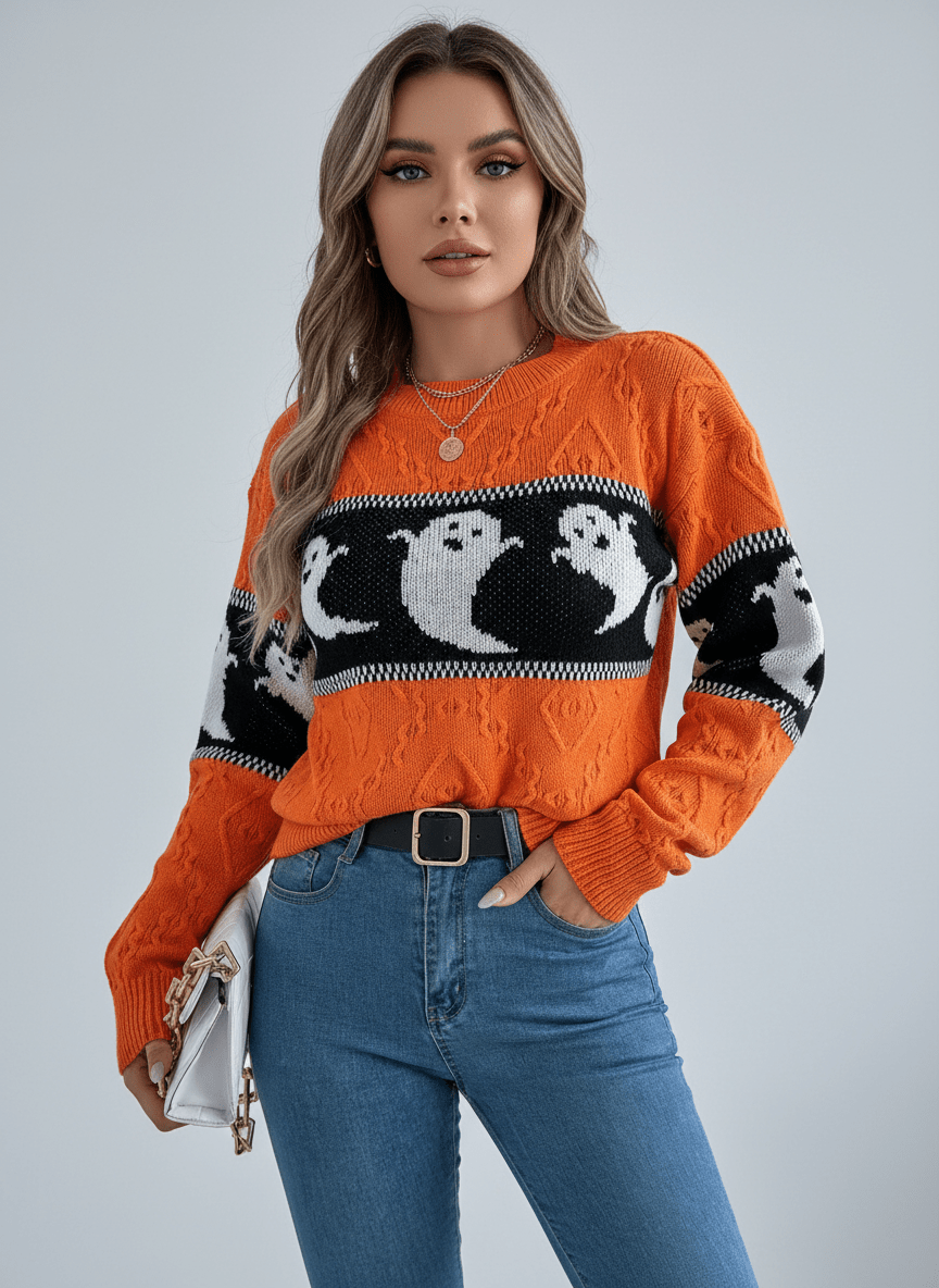 Ghost Round Neck Long Sleeve Sweater - CELIVINE