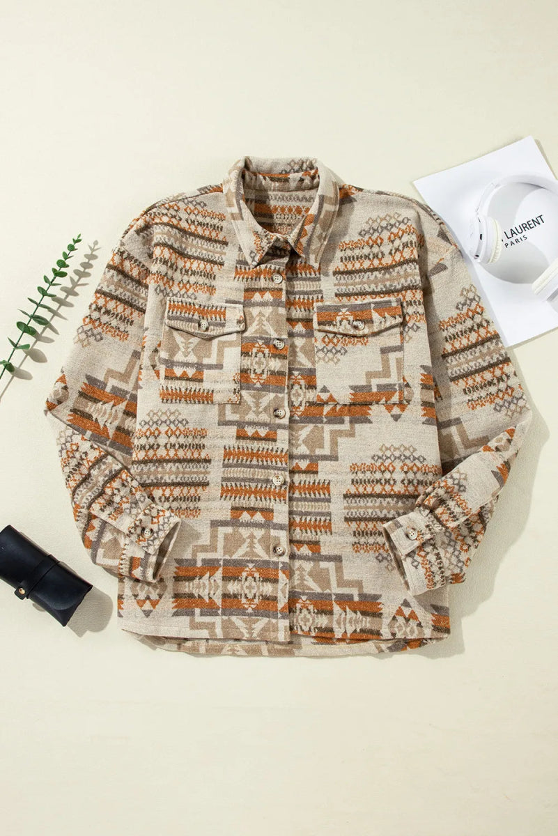 Plus Size Geometric Collared Neck Long Sleeve Jacket - CELIVINE