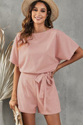 Tie Belt Short Sleeve Romper - CELIVINE