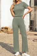 Ribbed Short Sleeve Wide Leg Jumpsuit - CELIVINE