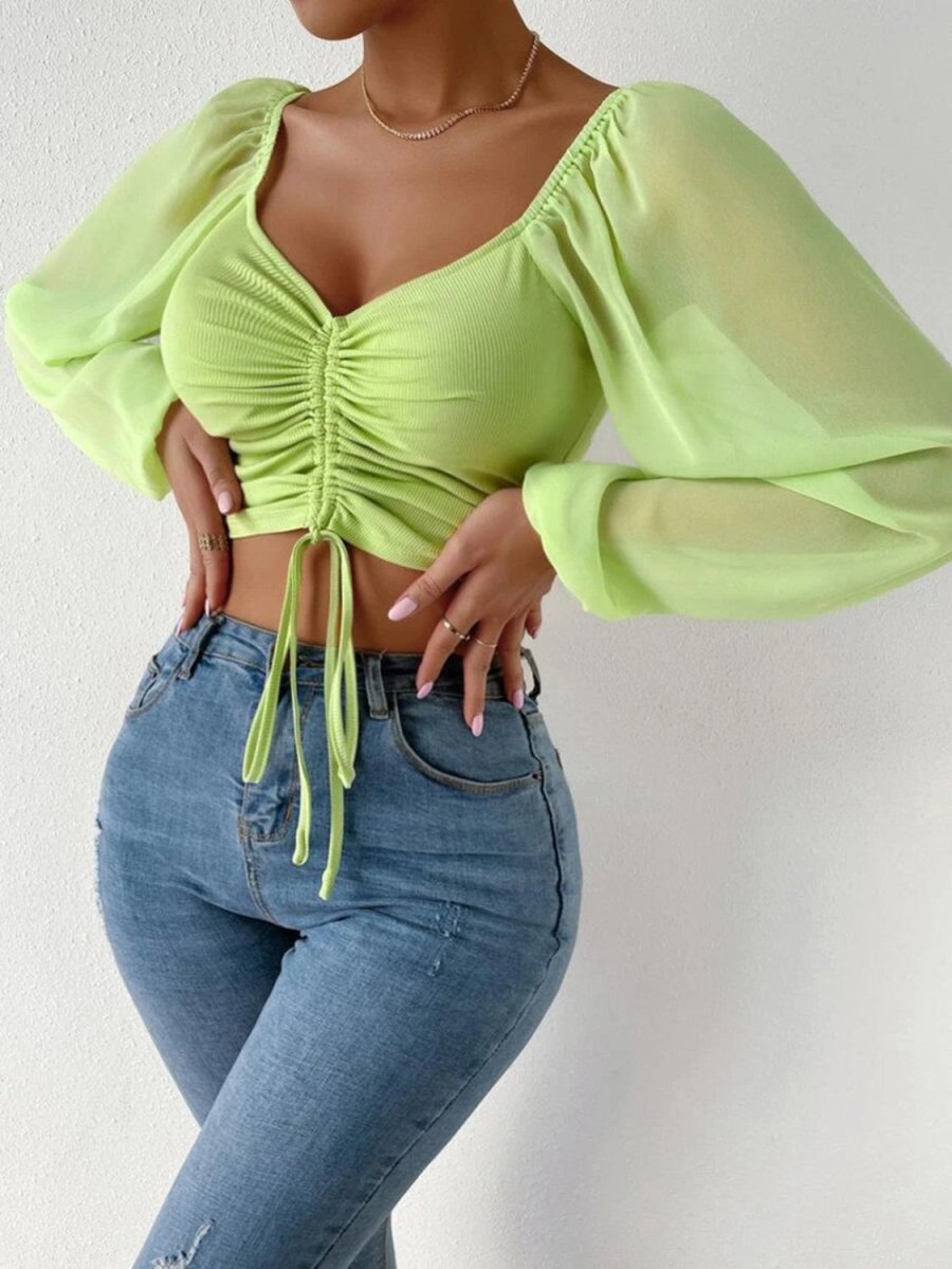 Drawstring Sweetheart Neck Cropped Top - CELIVINE