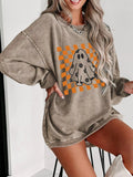 Halloween Checkerboard Floral Ghost Graphic Corded Sweatshirt - CELIVINE