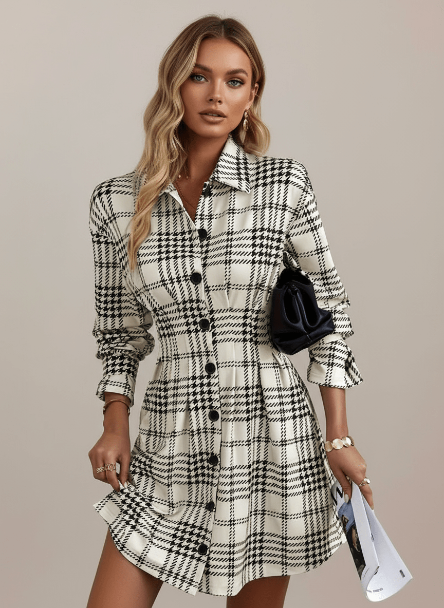 Houndstooth Button - Down Shirt Dress - CELIVINE