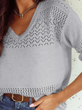 Eyelet Detail V - Neck Long Sleeve Sweater - CELIVINE