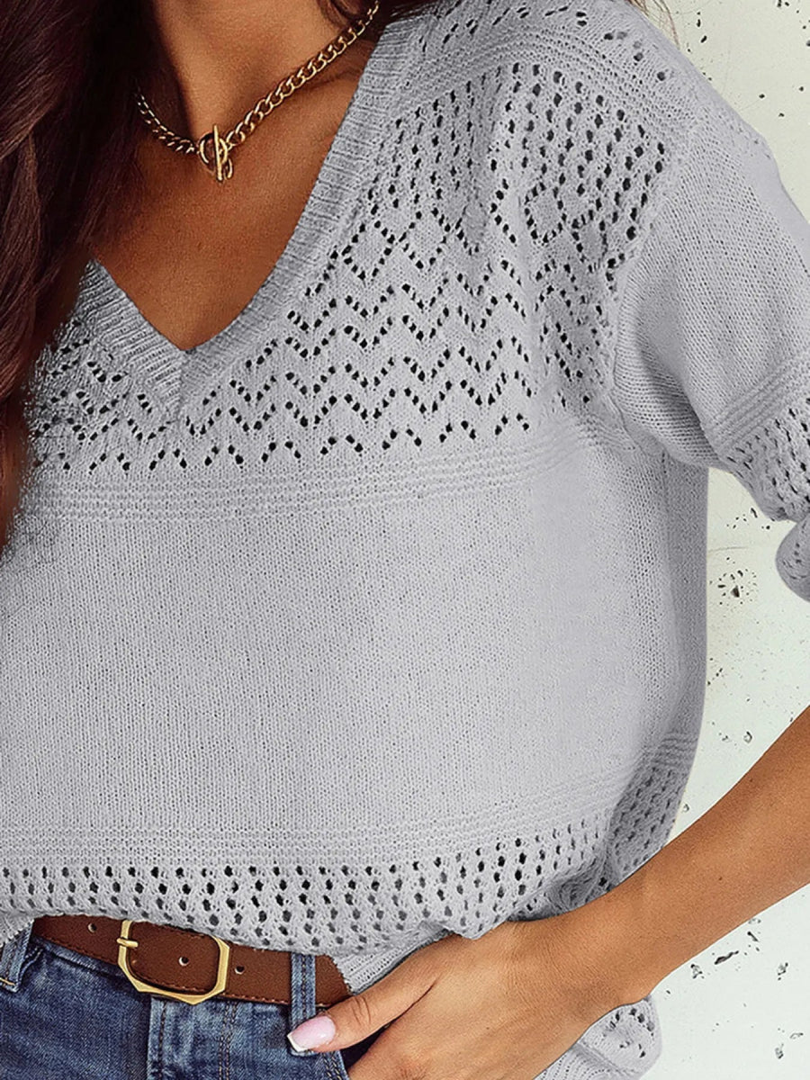 Eyelet Detail V - Neck Long Sleeve Sweater - CELIVINE