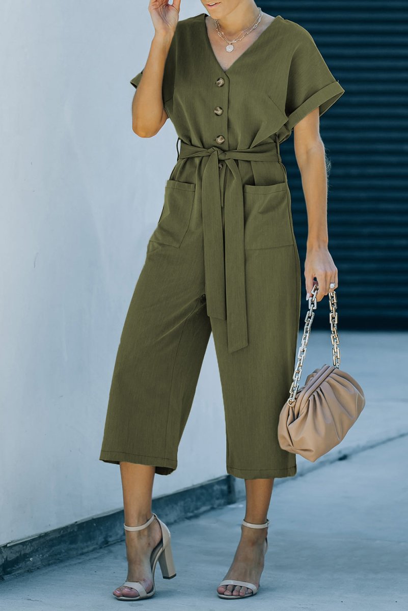 Tie - Waist Buttoned Cropped Jumpsuit - CELIVINE