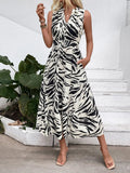 Printed Notched Sleeveless Midi Dress - CELIVINE