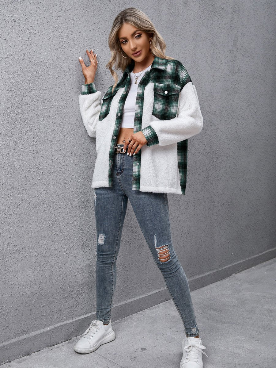 Plaid Collared Neck Button Down Jacket - CELIVINE