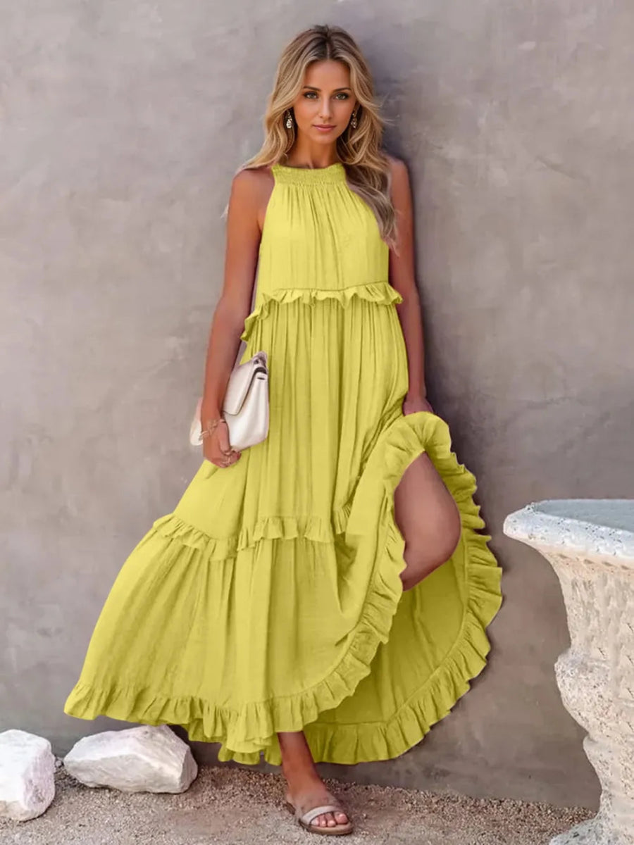 Ruffled Sleeveless Tiered Maxi Dress with Pockets - CELIVINE
