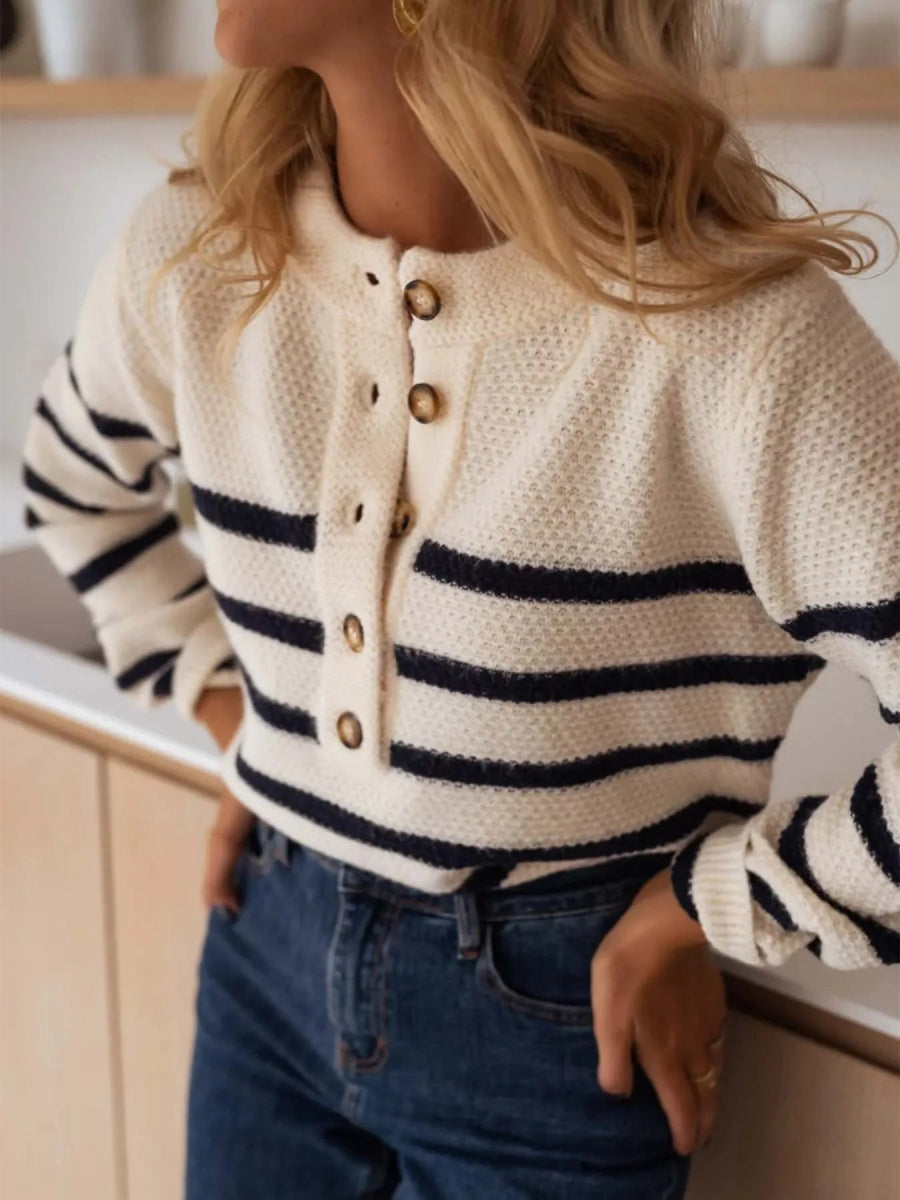 Striped Button - Front Sweater - CELIVINE