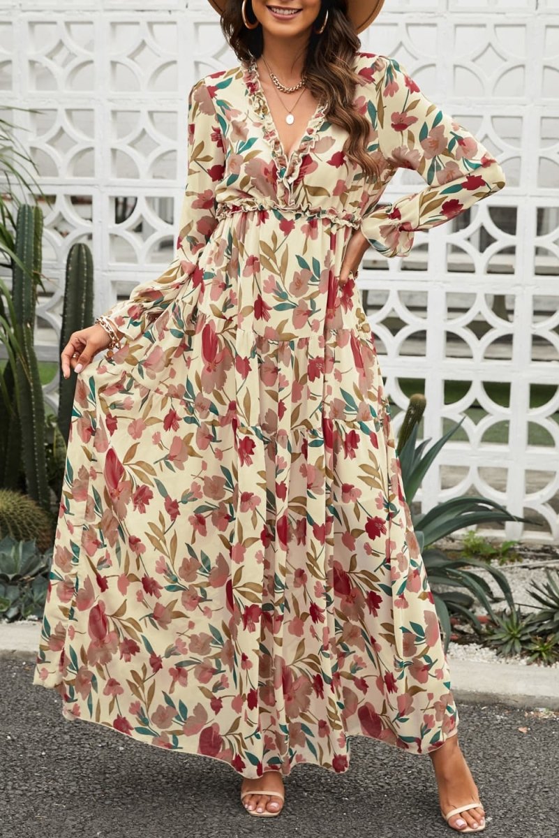 Floral Frill Trim Flounce Sleeve Plunge Maxi Dress - CELIVINE