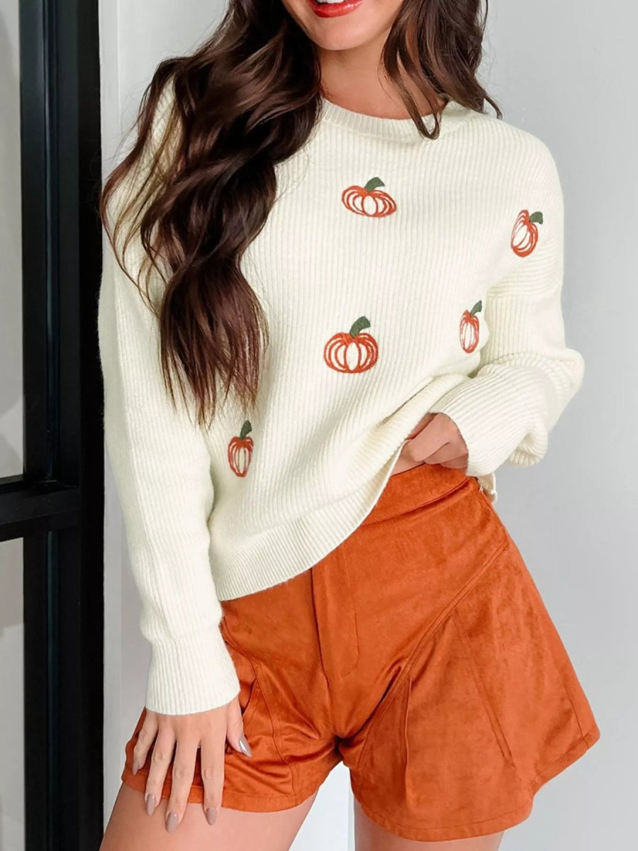 Halloween Pumpkin Embroidered Round Neck Long Sleeve Sweater - CELIVINE
