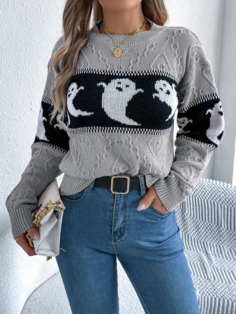 Ghost Round Neck Long Sleeve Sweater - CELIVINE