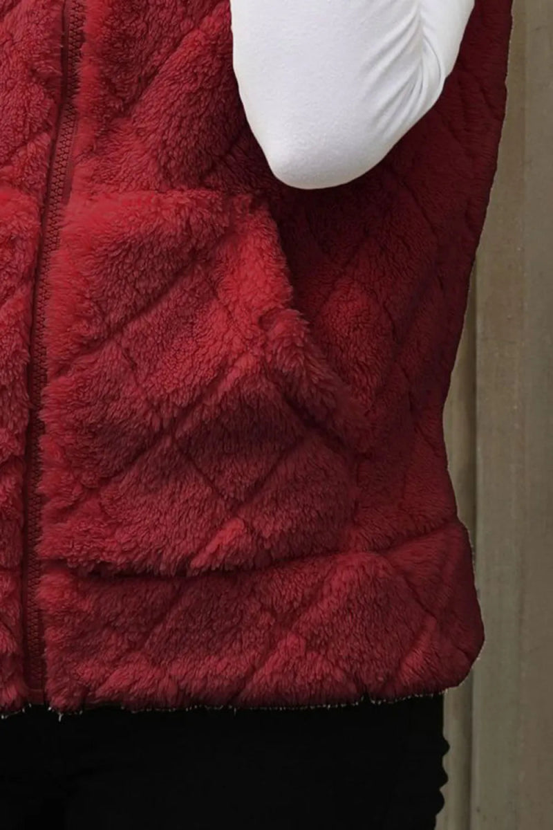 Fuzzy Plaid Texture Zip Up Vest Coat - CELIVINE