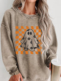 Halloween Checkerboard Floral Ghost Graphic Corded Sweatshirt - CELIVINE