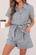 Stripe Chest Pockets Tie Waist Romper - CELIVINE