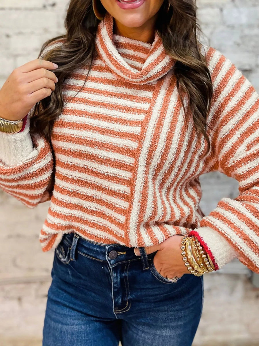 Striped Cowl Neck Long Sleeve Sweater - CELIVINE