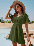 Smocked V - Neck Short Sleeve Dress - CELIVINE