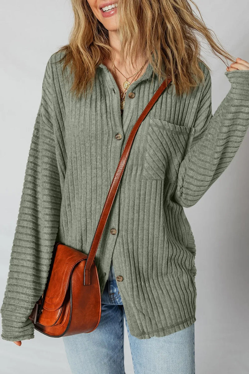Ribbed Knit Button - Up Cardigan - CELIVINE